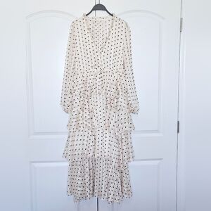Silk Polka Dot Maxi Dress Cottagecore Romantic Tiered Size S